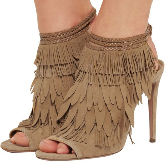 Aquazzura Shoes - Aquazzura Fringed Suede Sandals - Tan (In Box)